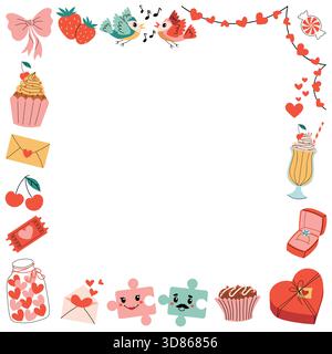 Farbenfroher quadratischer Rahmen mit Happy Valentines Day Elementen wie Singvögel, Puzzle-Paar, Milchshake, Cupcakes, Erdbeere, Cherry, hören Sie Stock Vektor