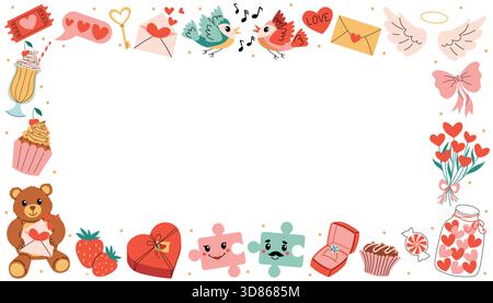 Festlicher rechteckiger Rahmen mit Happy Valentines Day Ikonen wie Singvögel, Teddybär, Puzzle-Paar, Milchshake, Cupcakes, Erdbeeren, Cherri Stock Vektor