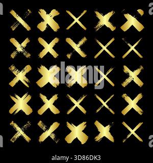 Goldene Grunge-Kreuze, Pinselstriche, Linien, Tintenflecken, handgezeichnete Kritzelformen. Handgemachte, skizzenhafte Markierungen, Acrylflecken, Holzkohlestreifen. Farbe Stock Vektor