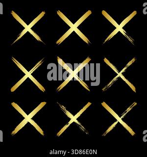 Goldene Grunge-Kreuze, Pinselstriche, Linien, Tintenflecken, handgezeichnete Kritzelformen. Handgemachte, skizzenhafte Markierungen, Acrylflecken, Holzkohlestreifen. Farbe Stock Vektor