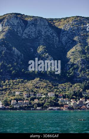 Küstensiedlung und Berge entlang der Bucht von Kotor, Montenegro Stockfoto