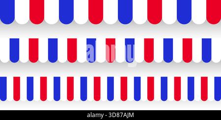 Sonnenschirm anzeigen. Realistisch gestreifte Café-Markise. Marktzelt im Freien. Dachdach in französischen Flaggenfarben. Sommerladen. Vektorabbildung. Stock Vektor