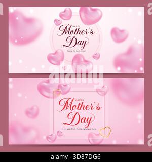 Muttertag Grußkarte Clipart Banner Set. Happy Mother's Day Gruß in Kreis und quadratischer Form Clip Art rosa Herz Bokeh Hintergrund Stock Vektor