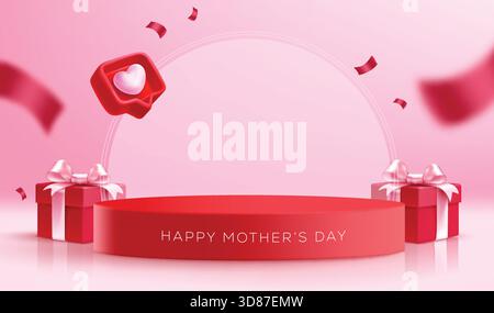 Rotes Podium-Clipart-Design zum Muttertag. Muttertagsgruß in rotem Podium Banner Sale Clip Art mit Geschenkboxen-Elementen in einem einfachen leeren Raum Stock Vektor