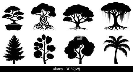 Verschiedene Baumsilhouetten Vektorkollektion, verschiedene Wald- und Waldelemente für Landschaftsarchitektur und Naturdesigns. Stock Vektor