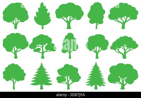 Sammlung von grünen Baumsilhouetten Vektor, verschiedene Wald- und Park-Elemente, verschiedene Naturformen für Landschaftsgestaltung. Stock Vektor