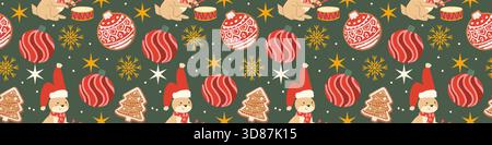 Nahtloser Weihnachtsrand mit niedlichen Waldtieren und festlicher Dekoration. Winterurlaub Design mit Waldkreaturen Hasen, Ornamenten und Stock Vektor