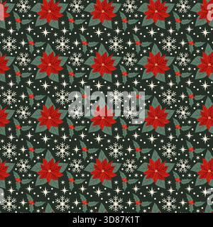 Nahtloses Weihnachtsmuster mit Weihnachtsstern und festlichen Elementen. Vintage-Blumenhintergrund mit Winterpflanzen, Schneeflocken und Holida Stock Vektor