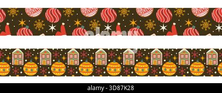 Nahtloses festliches Randmuster mit Lebkuchenhäusern, Ornamenten und Urlaubselementen. Perfektes Vektordesign für Verpackungspapier, Textilien, Einladungen Stock Vektor