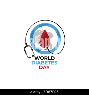 International Diabetes Awareness Design. Vektor-Illustration eines Stethoskops, das mit einem Bluttropfen um die Erde gewickelt ist. Globale Kampagne im Gesundheitswesen f Stock Vektor