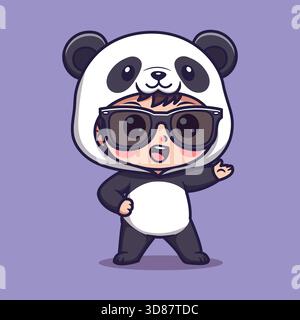 Niedlicher Charakter im Pandakostüm mit Sonnenbrille und fröhlicher Pose auf lila Hintergrund Stockfoto