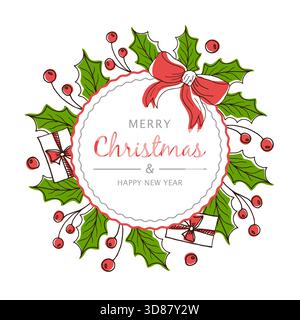 Runder Weihnachtsrahmen mit roter Schleife, stechpalmenblättern, Beeren, Geschenken und Schneeflocken. Handgezeichnetes Design für Winterferien und Silvester-Textdekoration. Farbenfrohe festliche Vorlage. Stock Vektor