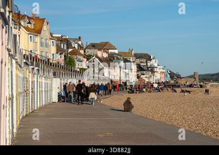 Blick aufs Meer auf das Dorf Lyme Regis mit farbenfrohen Strandhütten entlang der Promenade, Sandstrand und ruhigem Wasser unter einem klaren blauen Himmel, Dorset, England. Stockfoto