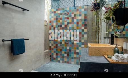 Eine farbenfrohe Duschkabine mit einer grünen Pflanze darüber. Die Dusche hat einen schwarzen Griff und einen weißen Seifenspender Stockfoto