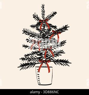 Ein kleiner Weihnachtsbaum mit leuchtenden roten Bändern steht in einem weißen Topf. Die Äste sind üppig und lebendig und schaffen eine festliche Atmosphäre Stock Vektor