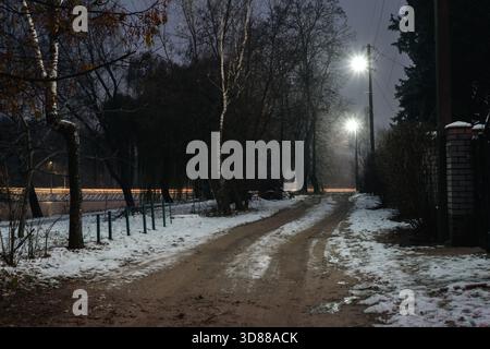 Abendfoto einer schneebedeckten ländlichen Straße in der Ukraine, mit schlammigen Wegen, leuchtenden Straßenlaternen und einem bescheidenen Haus mit Zinndach. Die Mischung aus Blau Stockfoto
