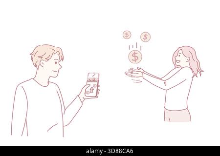 Mann schickt Geld vom Smartphone an eine Kollegin oder Kollegin. Männliche Arbeitgeber machen kontaktlose Bargeld- oder Währungstransaktion an Frau im Internet. Einfaches Banking-Konzept. Vektorgrafik. Stock Vektor