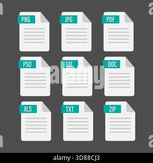 Dateiformatsymbole. Digitaler Dokumentvektor. Grafische Erweiterungssymbole. Computerspeicherdateien. Stock Vektor