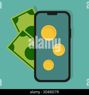 Mobiltelefon mit Geld. Digitale Wallet-Anwendung. Vektorkonzept für Online-Zahlungen. Illustration des E-Commerce. Stock Vektor