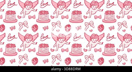 Ein entzückendes Muster aus verspielten Cupids, eleganten Kuchen und schönen Herzen, perfekt für Liebesprojekte Stock Vektor