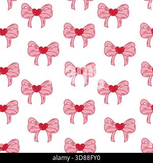 Das Design zeigt ein sich wiederholendes Muster aus rosafarbenen Schleifen mit roten Herzen auf einem sauberen weißen Hintergrund. Diese charmante Ästhetik erinnert an einen Stock Vektor