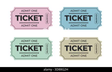 Farbenfrohe Ticketdesigns in Pastelltönen lassen einen und einen Tickettext zu, der die Verwendung für verschiedene Veranstaltungen vorschlägt. Diese Tickets im Vintage-Stil bieten eine Uni Stock Vektor