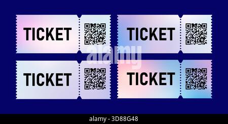 Vier Tickets für eine Veranstaltung, die jeweils einen eindeutigen QR-Code zur Validierung anzeigen. Die Tickets werden vor einem blauen Hintergrund platziert, um ihre zu betonen Stock Vektor