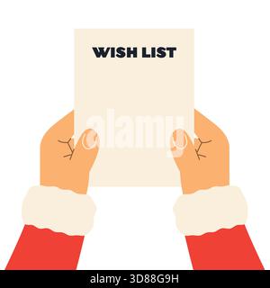 Weihnachtsmann Hände halten eine Wunschliste, Weihnachtsfeierillustration, festliches Winterdesign, Weihnachtsmann Lesebrief - Vektor-Illustration Stock Vektor