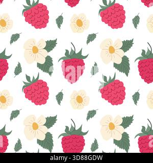Lebendiges Design mit sich wiederholenden Bildern von Himbeeren und Blumen vor einem sauberen weißen Hintergrund, ideal für Textilien, Tapeten und andere Deko Stock Vektor