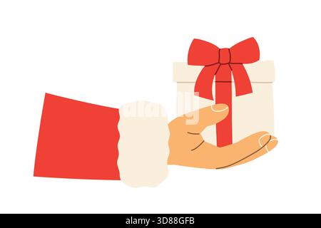 Weihnachtsmann Hand hält eine Geschenkbox, Weihnachtsgeschenk Illustration, festliches Feiertagsdesign, Winter Saisonkunstwerk Vektor Illustration Stock Vektor