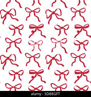 Ein nahtloses Muster mit leuchtenden roten Schleifen auf einem sauberen weißen Hintergrund. Dieses Design ist ideal für Weihnachtsbasteln, Geschenkverpackungen oder festliche Feiertage Stock Vektor