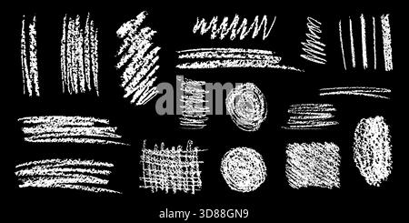 Sammlung von Holzkohlestrichen. Handgezeichnete Holzkohleformen. Vektor-Quadrate mit schwarzer Kreide. Bleistifttexturen, skizzenhafter Stil, Zeichnungen. Weiße Kreidestriche, SHA Stock Vektor