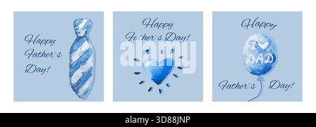 Set aus Grußkarten zum Vatertag in Blautönen mit Krawatte, Ballon und Herz für Herren. Vatertag Moderne Aquarellillustration für Banner, Modenwerbung Stock Vektor