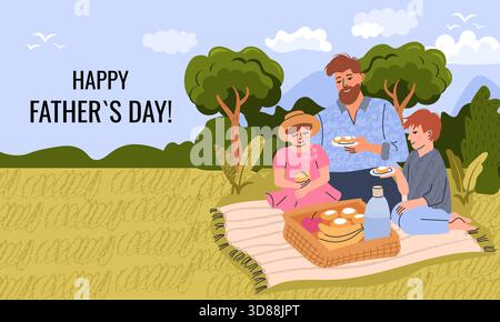 Vater, Tochter und Sohn auf Picknick. Vatertag Moderne Illustration für Banner, Modenwerbung, Poster, Flyer, soziale Medien, aktion, Sonderangebot. Stock Vektor