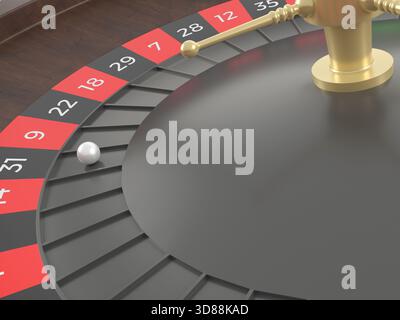Nahaufnahme Roulette-Rad und -Kugel. 3D-Abbildung. Stockfoto