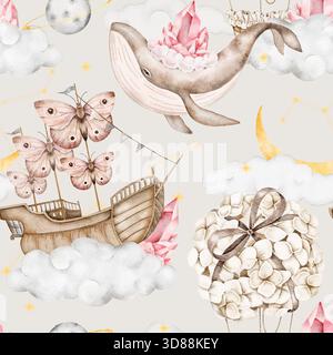Nahtloses Aquarellmuster mit einem Wal mit Kristallen, einem Schmetterlings-Segelboot, einem Heißluftballon aus Hortensie-Blumen, Wolken, gelber Halbmond Stockfoto