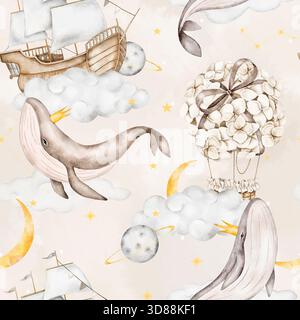 Nahtloses Aquarellmuster mit Walen mit goldenen Kronen, Holzschiffen auf Wolken, Hortensien-Blumenballons, sanften gelben Monden und Planeten. Pe Stockfoto