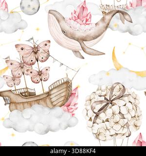 Nahtloses Aquarellmuster mit einem Wal mit Kristallen, einem Schmetterlings-Segelboot, einem Heißluftballon aus Hortensie-Blumen, Wolken, gelber Halbmond Stockfoto