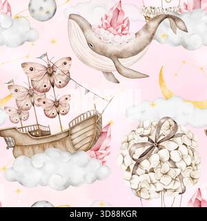 Nahtloses Aquarellmuster mit einem Wal mit Kristallen, einem Schmetterlings-Segelboot, einem Heißluftballon aus Hortensie-Blumen, Wolken, gelber Halbmond Stockfoto