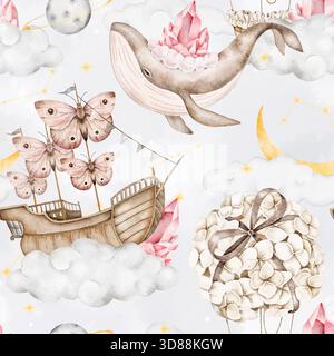 Nahtloses Aquarellmuster mit einem Wal, Kristallen, einem Schmetterlings-Segelboot, Heißluftballon aus Hortensie Blumen, Wolken, gelber Halbmond, Sta Stockfoto