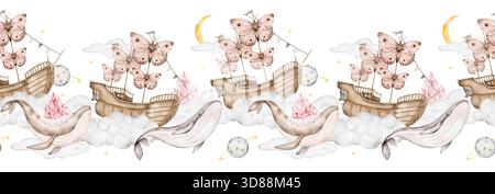 Nahtloses Aquarellmuster mit Walen mit goldenen Kronen, Holzschiffen auf Wolken, Hortensien-Blumenballons, sanften gelben Monden und Planeten. Stockfoto