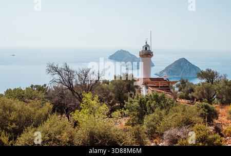 Der Leuchtturm von Gelidonya steht auf der unglaublichen Halbinsel Kap Gelidonya und bietet einen Panoramablick auf das Mittelmeer. Am Mittag unter brennender Sonne geschossen Stockfoto