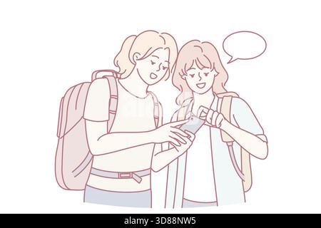 Jugendliche Reisende navigieren begeistert durch die urbane Umgebung mit elektronischen Guides, Jugendliche mit Rucksäcken und digitalen Geräten interpretieren gemeinsam Stadtkarten Stock Vektor