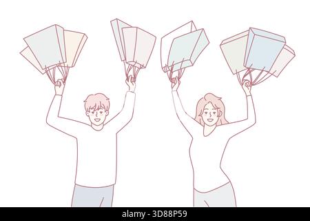 Begeisterte Menschen mit Einkaufstaschen, die im Verkauf einkaufen. Zufriedene Kunden mit Einkäufen. Konzept der Rabatte und Angebote. Flache Vektorgrafik. Stock Vektor