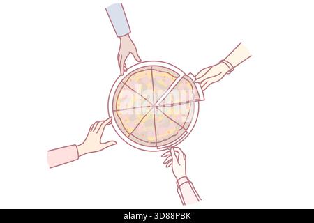 Nahaufnahme von Leuten, die zusammen Pizza essen. Freunde oder Kollegen teilen sich in der Arbeitspause im Büro italienisches Fastfood. Vektorgrafik. Stock Vektor