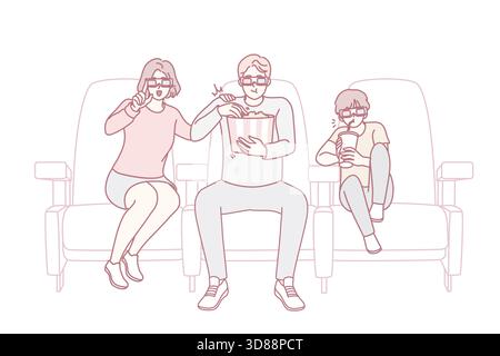 Glückliche Familie mit 3D Gläsern genießen Sie gemeinsam Filme im Kino. Lächelnde Eltern und Sohn haben am Wochenende viel Spaß beim Film im Theater. Unterhaltungskonzept. Vektorgrafik. Stock Vektor