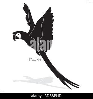 Aras Vögel Vektor-Kunst-Silhouette. Fliegender Papagei tropischer Vogel schwarz weiß Umrandung Schatten. Stock Vektor