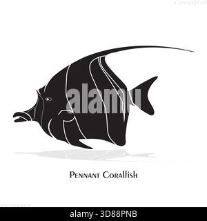 Wimpel Coralfish Vektor-Kunst Silhouette. Tropische Meeresfische Meereslebewesen schwarz-weiß umrahmt Schatten. Stock Vektor
