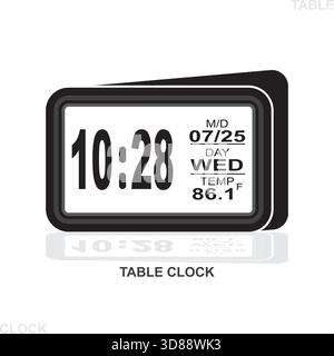 Moderne Digitaluhr, die Uhrzeit, Datum, Tag und Temperatur anzeigt. Stock Vektor