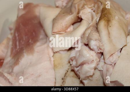 Verschiedene Schweinefett- und Fleischstücke werden in einer Schüssel ordentlich angeordnet und können in der Küche zubereitet werden. Die Szene erfasst den Vorbereitungsprozess für einen Stockfoto